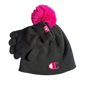 ⭐️ NWT Champion Kids' Black Toque and Pink Pom-Pom Set